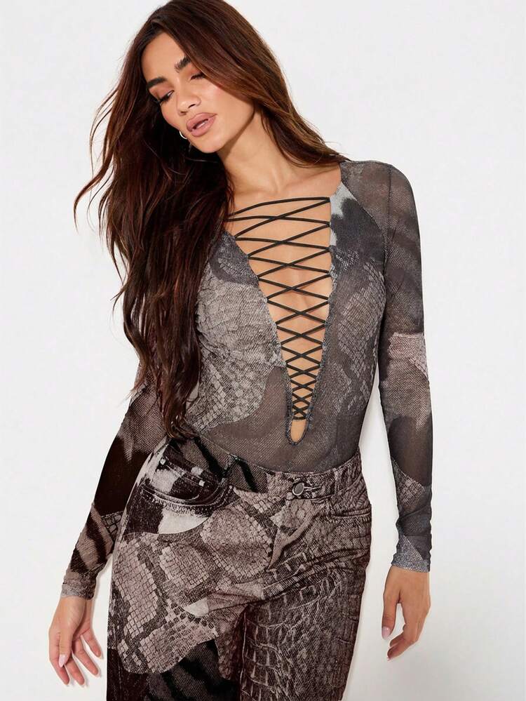 KIZN Snake Print Bodysuit With Lace Up Front