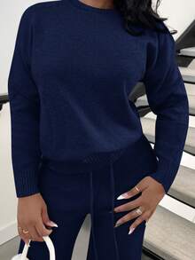 Alexandranx 2pcs/Set Casual Solid Color Crew Neck Long Sleeve Sweater Top And Pants Fall Winter Cloth For Women - Navy Blue - View 5