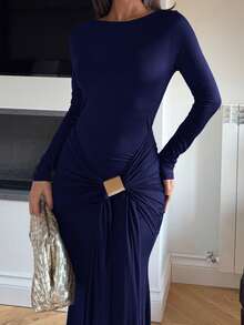 Ronhire Gaun Wanita Model Terbaru, Warna Polos, Pas Badan, Lengan Panjang, Elegan - Navy Blue - View 3