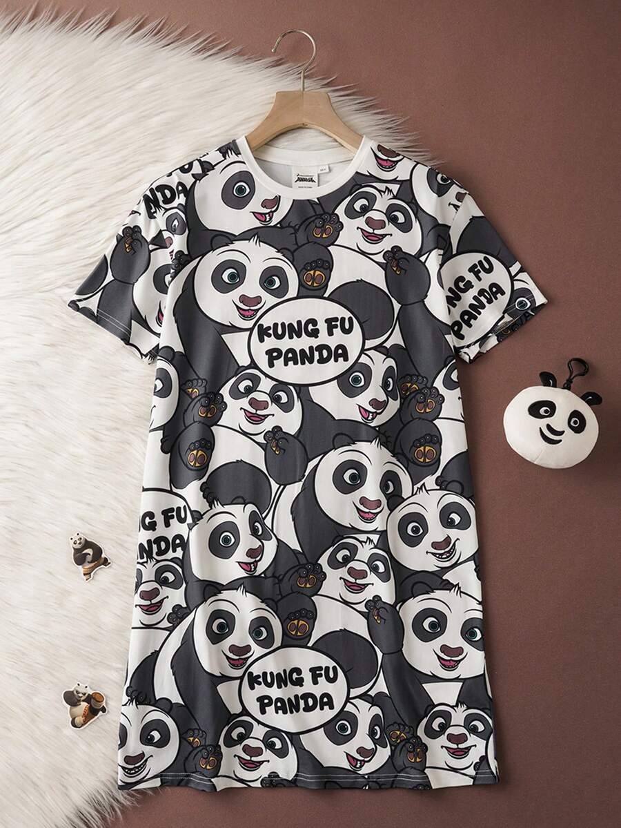 SHEIN Kung Fu Panda Tween Girl Casual Panda Print Round Neck Short Sleeve Nightgown, Summer - Black and White - View 1