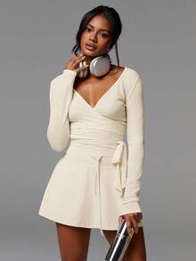 1件女士纯色裹身长袖休闲舒适衬衫 - 米色 - 查看 3