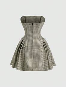 Sweetra 秋冬新款复古性感修身蝴蝶结撞色千鸟格休闲舒适摆裙，棕色 - 軍綠色 - 查看 2