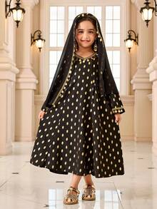 SHEIN Girls'Traditional Black Gold Polka Dot Vintage Dress, Autumn Young Girls Arabic Abaya Jalabiyas, Elegant Sequin Tassel Wedding Dress With Shawl, Arabic Clothing - Black - View 5