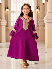 Girls' Traditional Arabic Clothing, Abaya, Purple Base With Gold Lace Embroidery, V-Neck + Flare Sleeves, Elegant And Youthful Design, Suitable For Ramadan Family Gatherings - Purple - View 3
