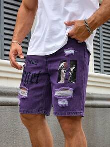Manfinity LEGND 男士时尚印花休闲牛仔短裤 紫色图案牛仔短裤 男士紫色牛仔短裤 街头风男士短裤 水洗牛仔短裤 男士图案牛仔短裤 男士破洞牛仔短裤 - 紫色 - 查看 6