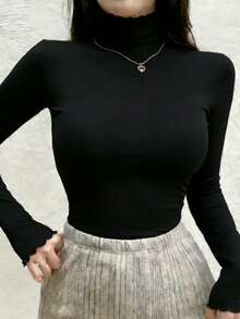 DAZY 女士休闲纯色荷叶边高领T恤 - 黑色 - 查看 3