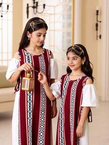 Young Girls Spring/Summer Geometric Print Dress, Woven Fabric White Solid Color Patchwork Geometric Print Dress, Suitable For Spring/Summer, Cute, Elegant, Comfortable Outfit For Girls, Suitable For Daily School, Outings, Vacations, Parties, Holidays Girls Long Dress Long Maxi Dress For Kids Girls Matching Dresses Cotton Long Dresses For Girls Mom Daughter Matching Dresses Kids Dresses