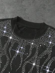 Manfinity Roghcode Men's Fashion Rhinestone Embellished Short Sleeve T-Shirt (Random Silver Powder) Sequin Top Men Rhinestone Top Men Rhinestone Shirt Men Men S Sparkly Shirt Glitter Shirt Men - Black - View 6