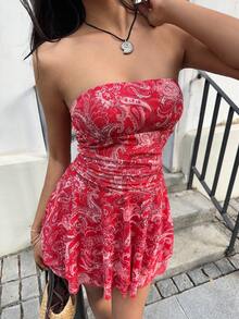 Sunnyshic Peris Print Waist Cinched A-Line Layered Ruffle Hem Women's Mini Dress, Vacation Style, Spring/Summer - Multicolor - View 6