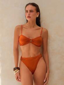 Swim Chiccia Women's Burnt Orange Textured Fabric Halter Tie Bikini Swimwear,Removable Adjustable Straps Elegant Summer Casual Beach Vacation Holiday Party - Rust Brown - View 3