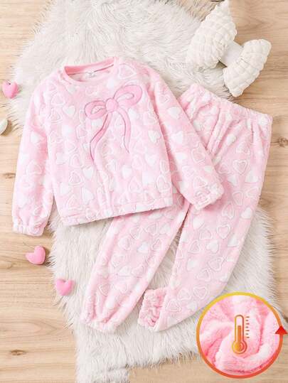 2pcs Tween Girl Pink Flannel Heart & Bow Pattern Long Sleeve Lounge Set