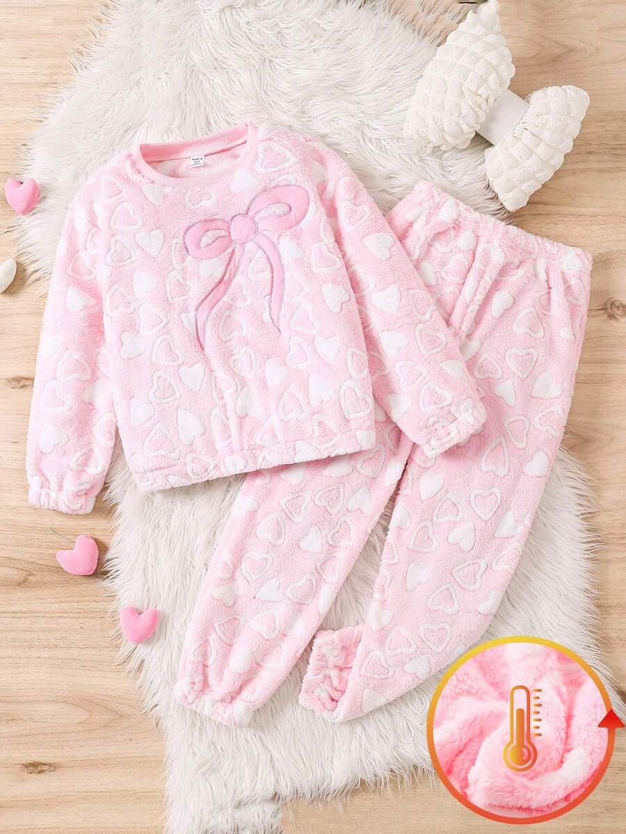 2pcs Tween Girl Pink Flannel Heart & Bow Pattern Long Sleeve Lounge Set - Green - View 1