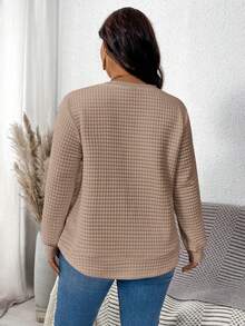 SHEIN LUNE 大码女式休闲纯色纹理长袖卫衣 - 杏色 - 查看 2