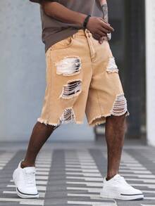 Manfinity Roughcore Men's Casual Washed Distressed Denim Shorts Ripped Shorts Men - Brown - View 8