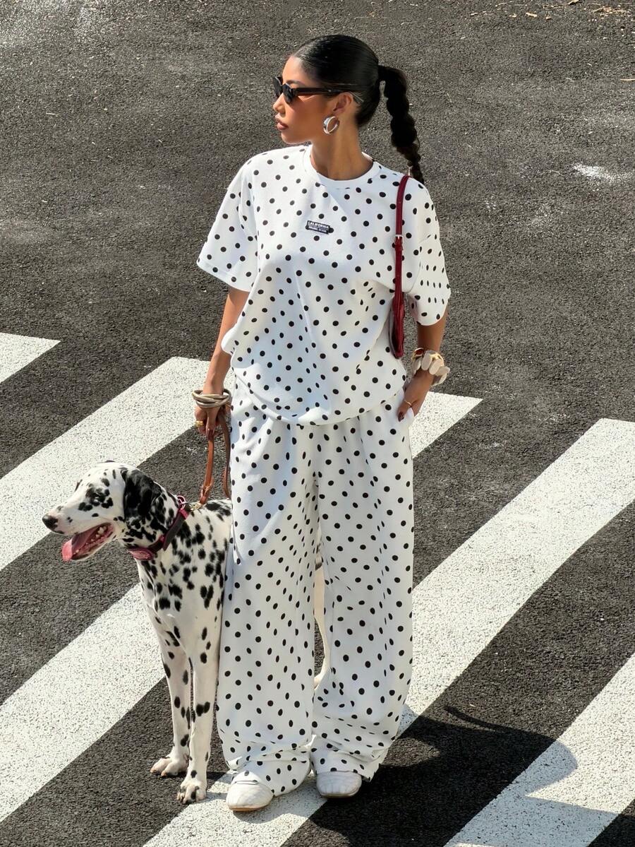 Muchica 女士休闲波点图案宽松T恤和裤子套装，春夏款