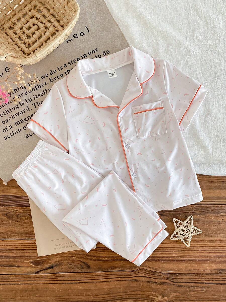 2pcs/Set Young Girl' Cute Star & Crescent Moon Pattern Short Sleeve Pajama Set Short Sleeve Pajamas - White - View 1