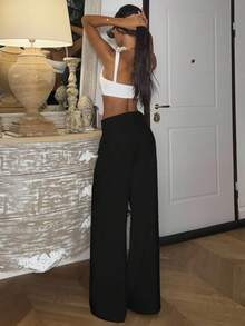 Ronhire 女士純色直筒高腰日常褲 - 黑色 - 查看 3