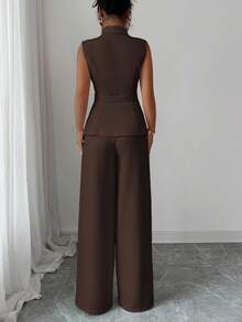 Elenzga petite Bộ 2 món dành cho nữ, dáng nhỏ nhắn, gồm áo blazer không tay cổ ve lật, khóa kim loại, vạt áo bất đối xứng và quần ống rộng cạp chun, thanh lịch, phù hợp cho công sở, đi làm, phong cách vintage đường phố, đa năng cho Lễ Tạ ơn, tiệc trà chiều, tiệc tùng, tựu trường, mùa xuân/hè/thu. - màu nâu - Xem 2