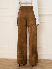 Lilora Pantalones anchos de jacquard de unicolor elegantes y casuales para mujer, clásicos, románticos y elegantes, adecuados para ir al trabajo, pantalones de trabajo de jacquard de cintura alta, pantalones marrones para mujer, pantalones anchos marrones, pantalones con estampado floral sofisticados y elegantes para mujer - Caqui - Ver 4