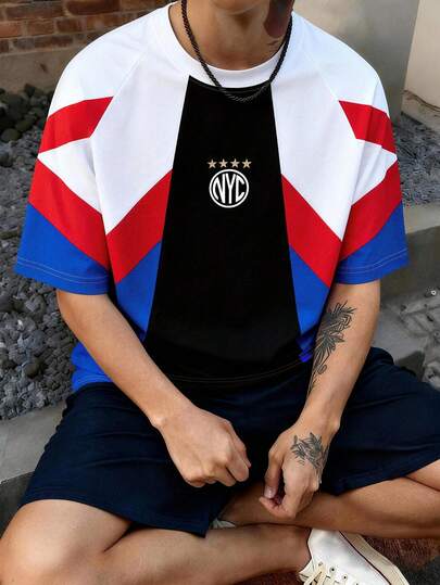 Aesthetic Post Manfinity 运动撞色几何印花短袖运动休闲T恤，美学风格，适合狂欢节、复古、度假、我爱我的男朋友、情人节等场合，男士队服T恤