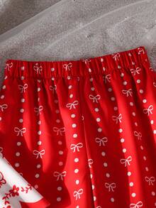 SHEIN 2pcs Girls Floral Fashionable Versatile Comfortable Ruffle Heart Shirt + Wide Leg Pants Set - Red - View 6