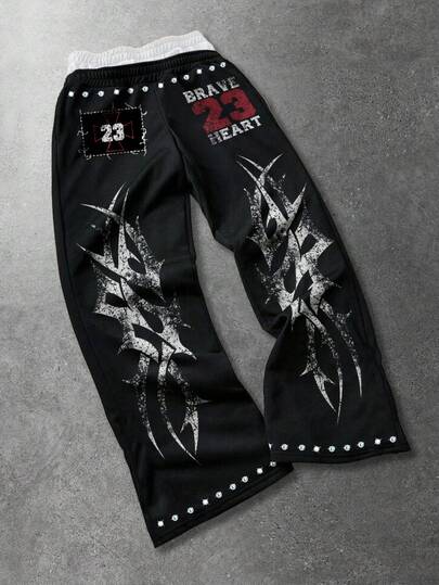 Pantalones de chándal holgados con estampado y doble cintura para hombres