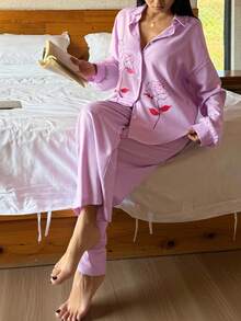 DAZY 2pcs Floral Pattern Loose Long Sleeve & Long Pants Women Pajama Set