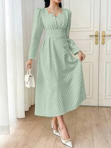 Modelyn 法式方领格纹提花褶裥连衣裙 - 灰藍色 - 查看 5