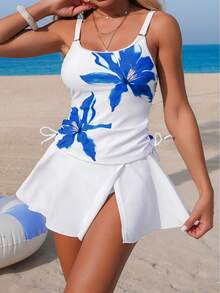 Swim Lushoire Bộ 3 món thời trang hè dành cho nữ, kiểu dáng tối giản, áo hai dây dày in họa tiết và quần lót tam giác màu trơn kèm váy. - Xanh và trắng - Xem 6