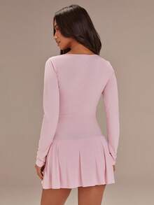 Athîral Women's Elegant Pink Fitted Waist Long-Sleeved Mini Dress, Slim Fit, Comfortable And Soft Knit Fabric, Suitable For Dates And Parties, Suitable For Lounging At Home Or Going Out,Valentine Outfits For Women,Spring Break Outfits,Summer Dresses For Women - Pink - View 2