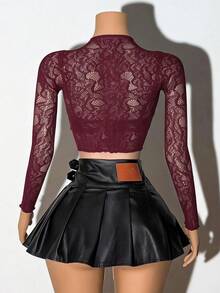 EgrlEra Svart sexig spetstopp med jacquardmönster och långärmad design - Rödviolett - Visa 2