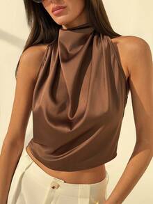 Aloruh 简约通勤棕色缎面深V领露背系带女式背心 - 棕色 - 查看 6