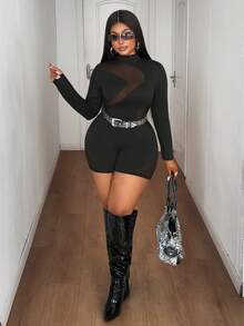 Maweii 加大码黑色性感高领长袖透视拼接修身连体衣 - 黑色 - 查看 3