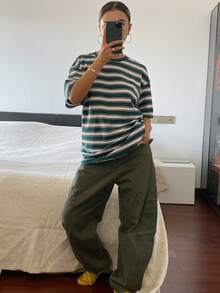 DAZY Áo thun nữ dáng rộng cổ tròn, họa tiết sọc tương phản, thích hợp mặc hàng ngày đi làm, mùa hè. - màu xanh lá - Xem 4