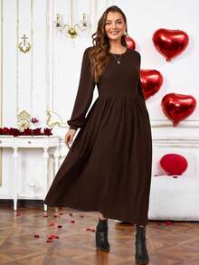 EMERY ROSE Robe décontractée en polaire texturée à col rond et manches longues pour femmes grandes tailles, automne - Tabac - Voir 1