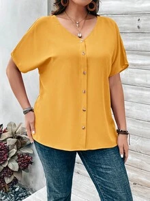 EMERY ROSE Áo sơ mi ngắn tay màu cam đính cúc dành cho nữ cỡ lớn, thích hợp cho mùa xuân. - Màu vàng - Xem 6