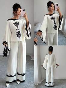 Elenzga Women's Elegant Vintage Black & White Floral Print Asymmetrical Shoulder Flare Sleeve Shirt And Wide Leg Pants 2-Piece Set, Suitable For Party, New Year, Valentine's Day, And Casual Wear In Autumn/Winter - Beige - View 1