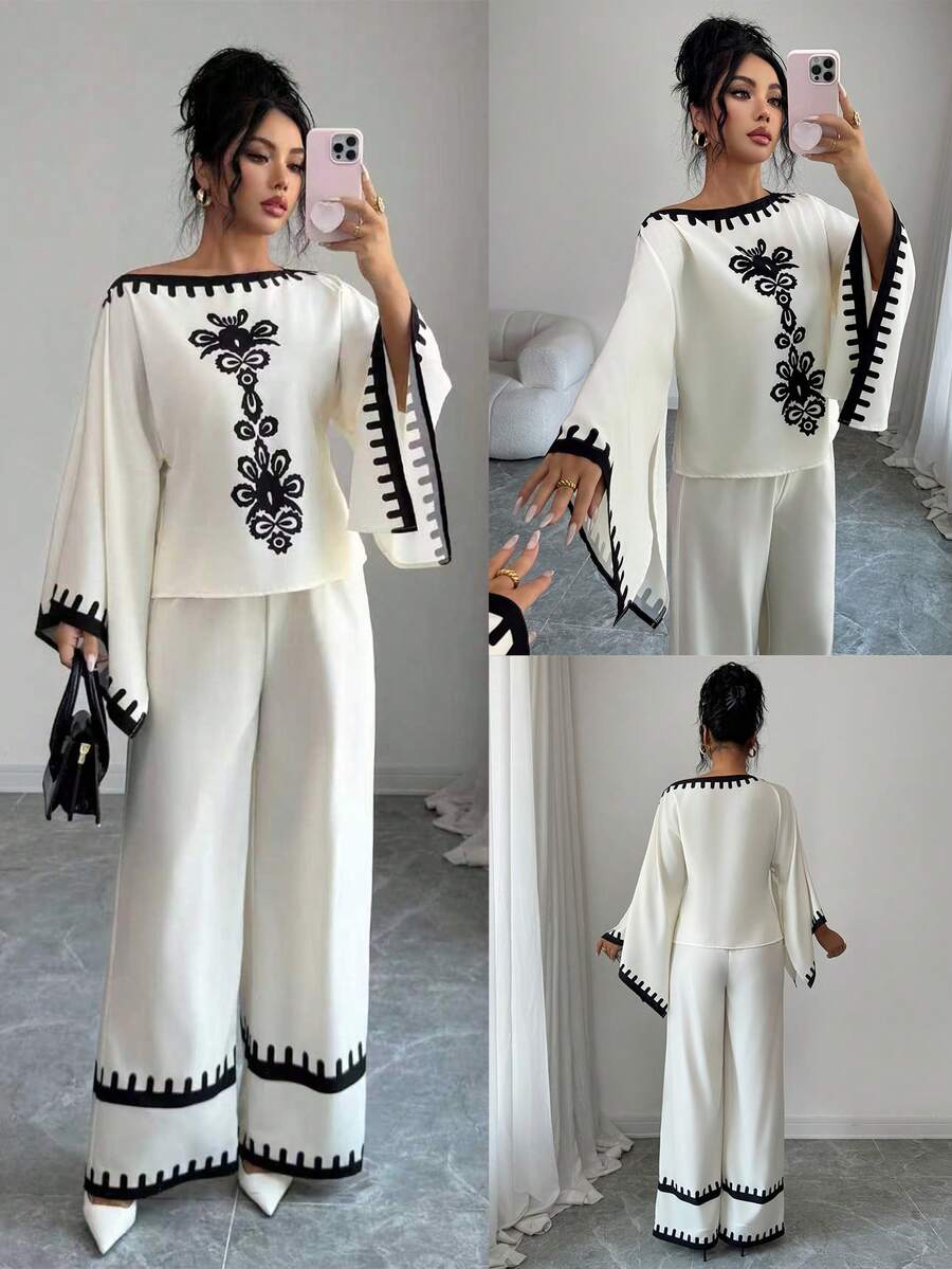 Elenzga Women's Elegant Vintage Black & White Floral Print Asymmetrical Shoulder Flare Sleeve Shirt And Wide Leg Pants 2-Piece Set, Suitable For Party, New Year, Valentine's Day, And Casual Wear In Autumn/Winter - Beige - View 1