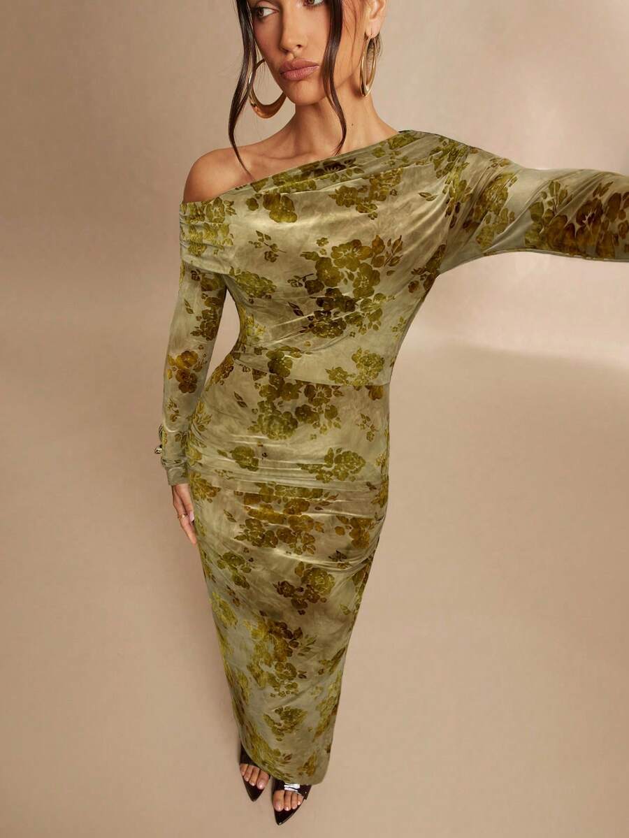 Silquee 优雅绿色植绒花卉不对称领口褶皱修身长袖连衣裙，适合女性穿着，可用于情人节、圣诞节、约会、外出、夜店派对、优雅聚会和日常穿着。 - 橄欖綠 - 查看 1