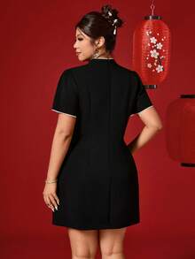 Elenzga 大码女式旗袍领3D蝴蝶流苏装饰优雅精致派对新年礼服 - 黑色 - 查看 2