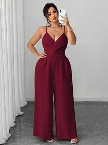 SHEIN PETITE CURVE Bộ đồ liền thân ống rộng 2 món, áo khoác blazer công sở thanh lịch tối giản dành cho nữ cỡ lớn và áo liền quần không tay thắt eo - Màu Đỏ Sâu - Xem 5