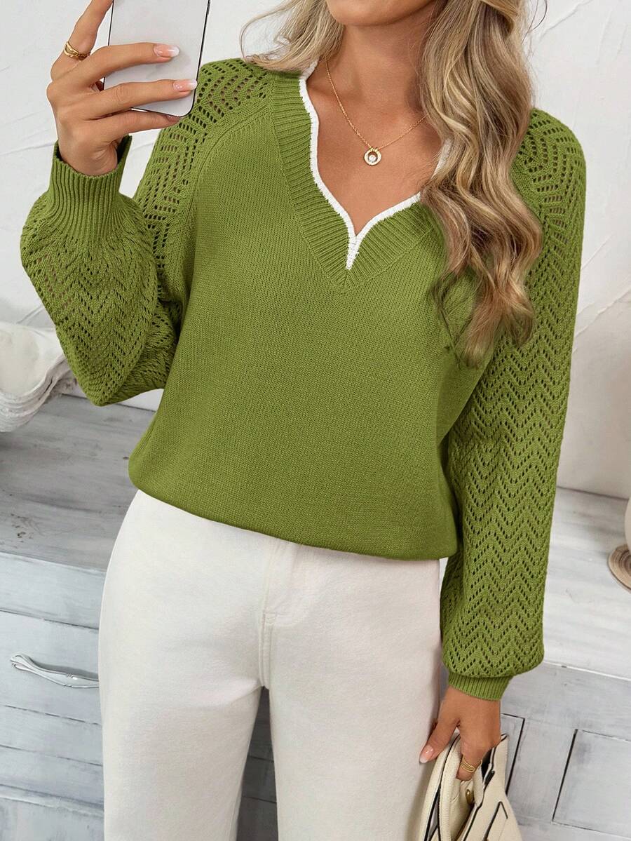 SHEIN LUNE Women's Casual Colorblock Wave Collar Long Sleeve Sweater, Basic Everyday Wear For Autumn/Winter,Casual - Green - View 1