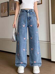 Sparklyn 少女Y2K复古风中蓝色水洗牛仔裤，饰有粉色爱心刺绣，宽松直筒版型，面料柔软舒适，时尚百搭，女童牛仔裤 - 中等水洗藍 - 查看 8