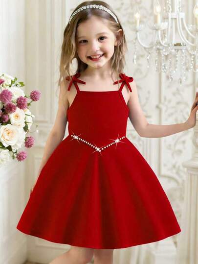 Young Girls Red Sweet Spaghetti Strap Dress With Bow Shoulder Strap, Pearl Decor A-Line Cute Elegant Princess Style, Summer
