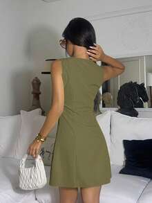 Ronhire Váy ngắn không tay một hàng khuy đơn màu đơn giản cho nữ, mùa hè - xanh quân đội - Xem 2