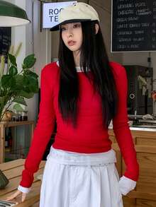 DAZY 女士扭结镂空长袖T恤，修身短款上衣 - 紅色 - 查看 3