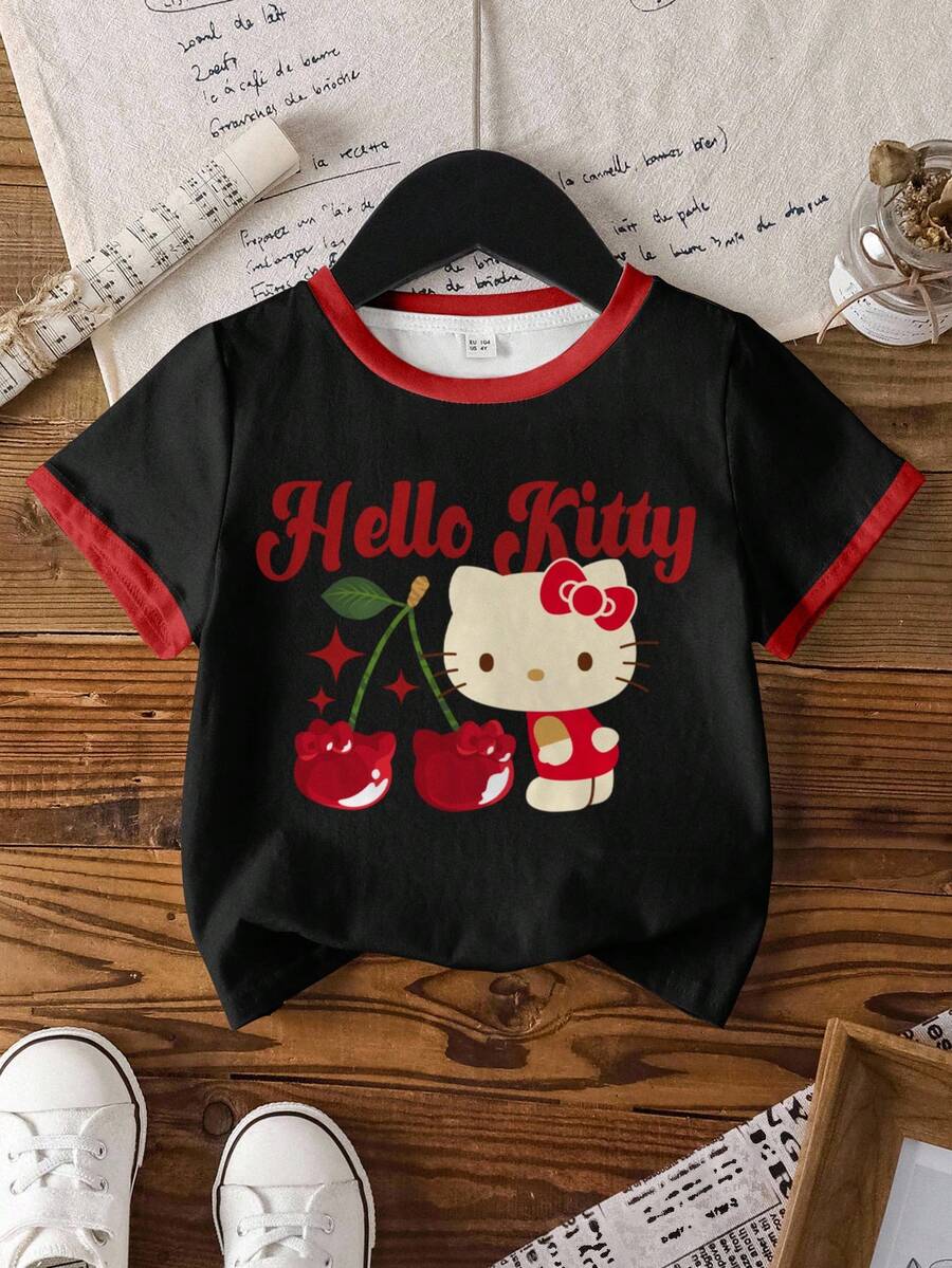 HELLO KITTY AND FRIENDS | SHEIN 女童夏季休闲猫咪樱花印花边饰短袖T恤 - 白色 - 查看 1