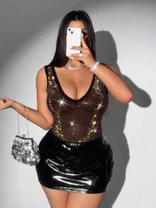 Viva Relle Bodysuit Tanpa Lengan Jala-jala Berhiaskan Berlian Imitasi Seksi, Cocok untuk Pesta, Festival Musik, dan Ukuran Besar - Coffee Brown - View 5