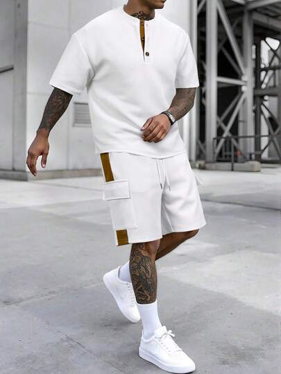 Manfinity Homme Men's White Contrast Color T-Shirt Casual Outfit Men White Short Set White Beach Outfit Men Men Two Piece Set Summer Europe Summer Outfits For Men Set Men Two Piece Casual Short Sets Old Money,Daily Leisure, Weekend Trips, Outdoor Activities, Travel Expeditions, Relaxed Work Environments Or Semi-Formal Occasions, Boyfriend/Husband Gift, Anniversary /Birthday Gift Party Summer Vacation Holiday New Years Wedding Valentine's Day