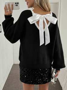 Easowa New Spring Korean Style Soft & Slouchy Backless Bow Knitted Pullover Sweater For Women - Black - View 2